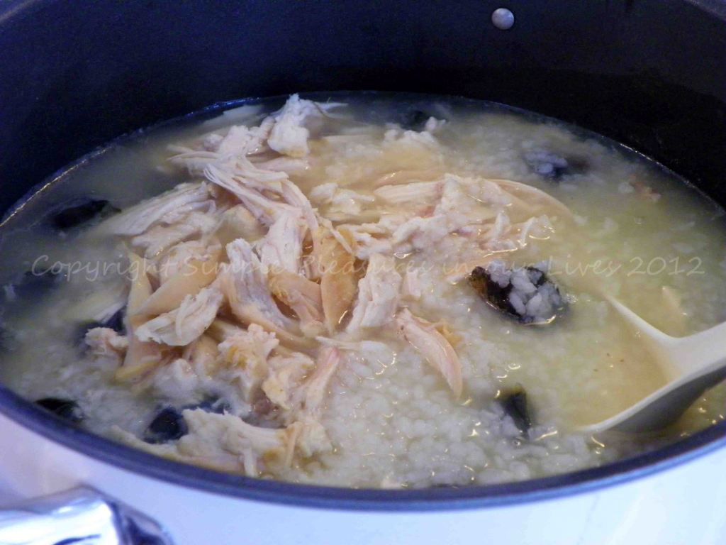 Add chicken and preserved eggs