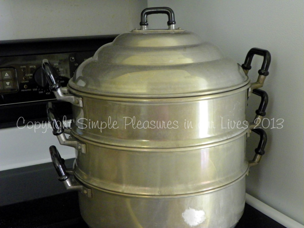 I steam in a two level steamer (the bottom holds the water and the two levels above it hold the cake pans) - note that I switch the levels with the cake pans around throughout the steaming process (i.e. first to second and second to first) for a more even steaming