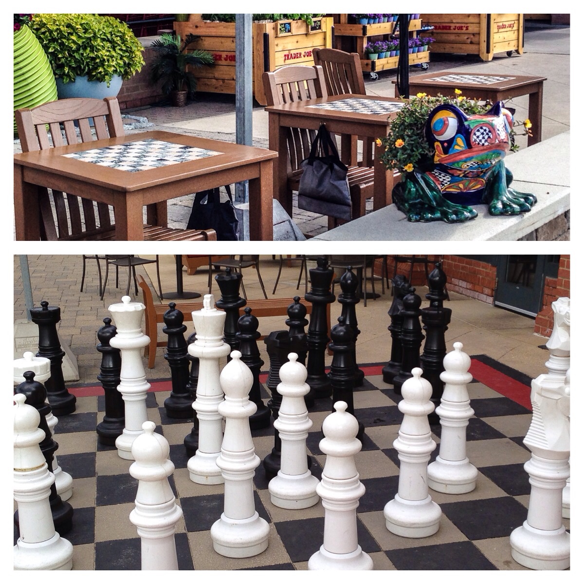 Chairs and tables for people to play chess. It even has a life-sized set, which makes it even more fun for the little ones.